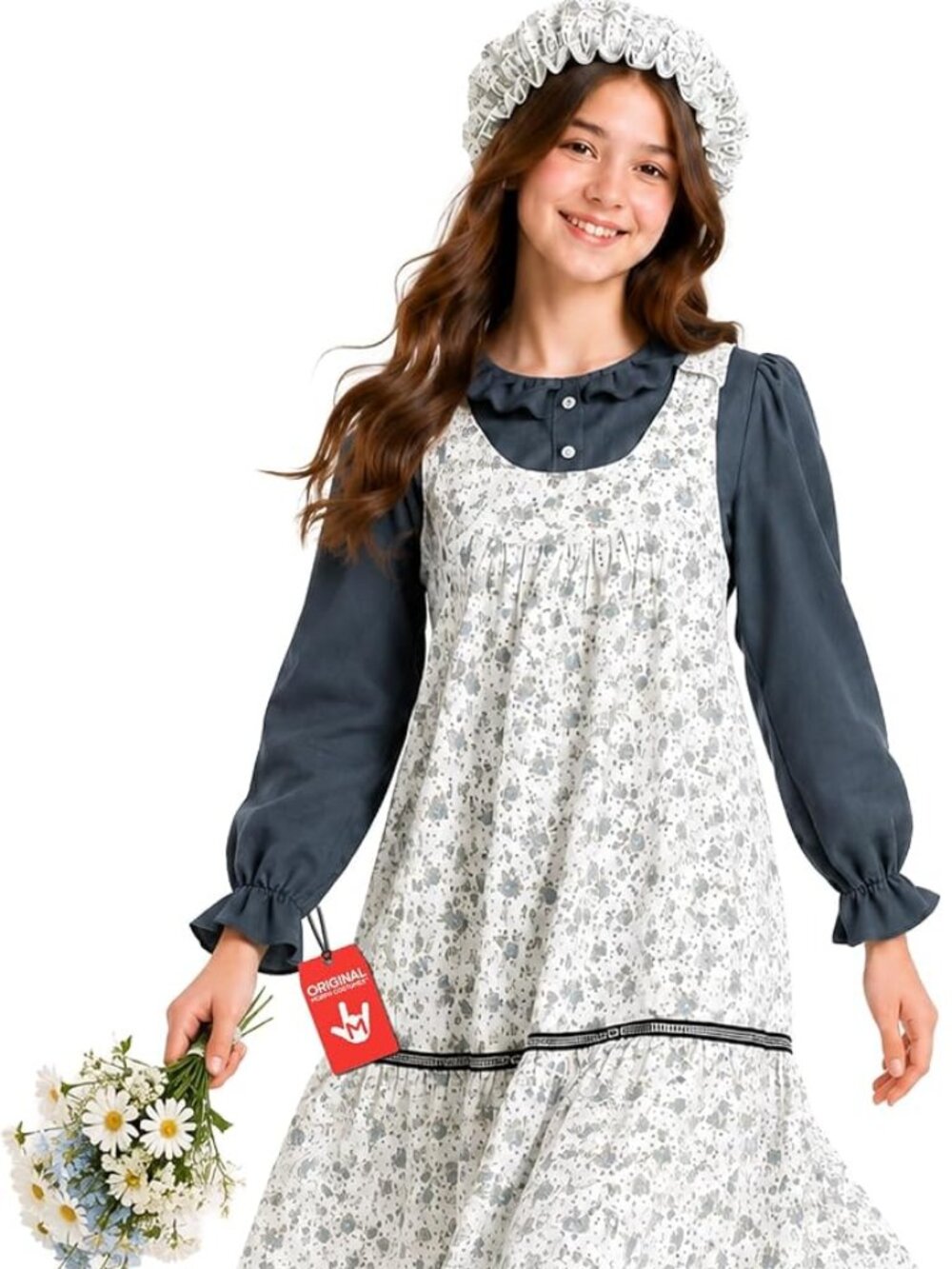 Pioneer Costume for Girls Size L (10-12) Dress, Blue Shirt & Mop Cap – Like New